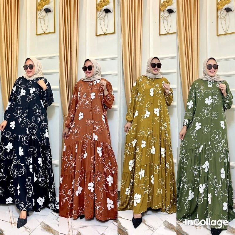 gamis terbaru rempel motif bunga/bahan Rayon twill premium
