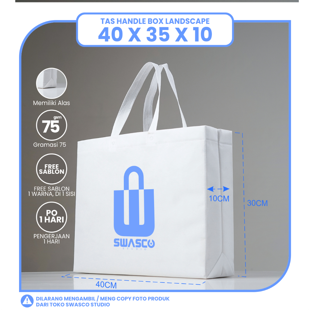 

TAS SPUNBOND LIPAT BOX 40X35 LANDSCAPE (SABLON COSTOM) UNTUK TAS SOUVENIR, SYUKRAN, MENGENANG, PROMOSI, BANSOS, CLOTHING, LEMBAGA DLL