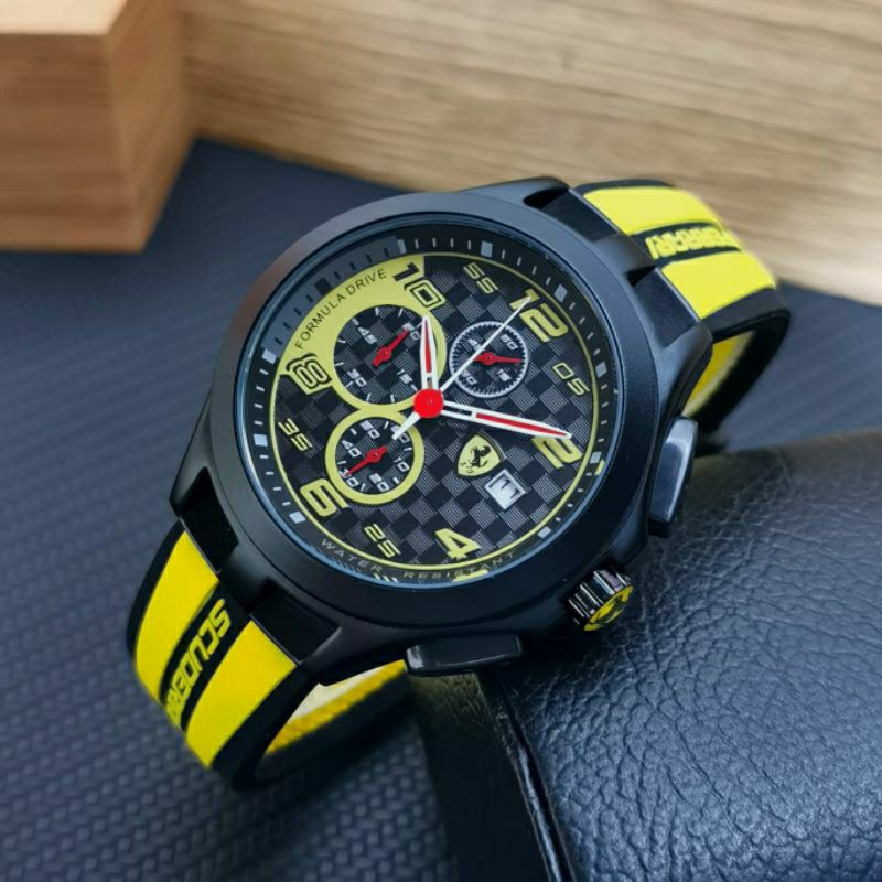 JAM TANGAN PRIA FERRARI CRONO AKTIF TALI RUBBER KUNING - JAM TANGAN FERRARI