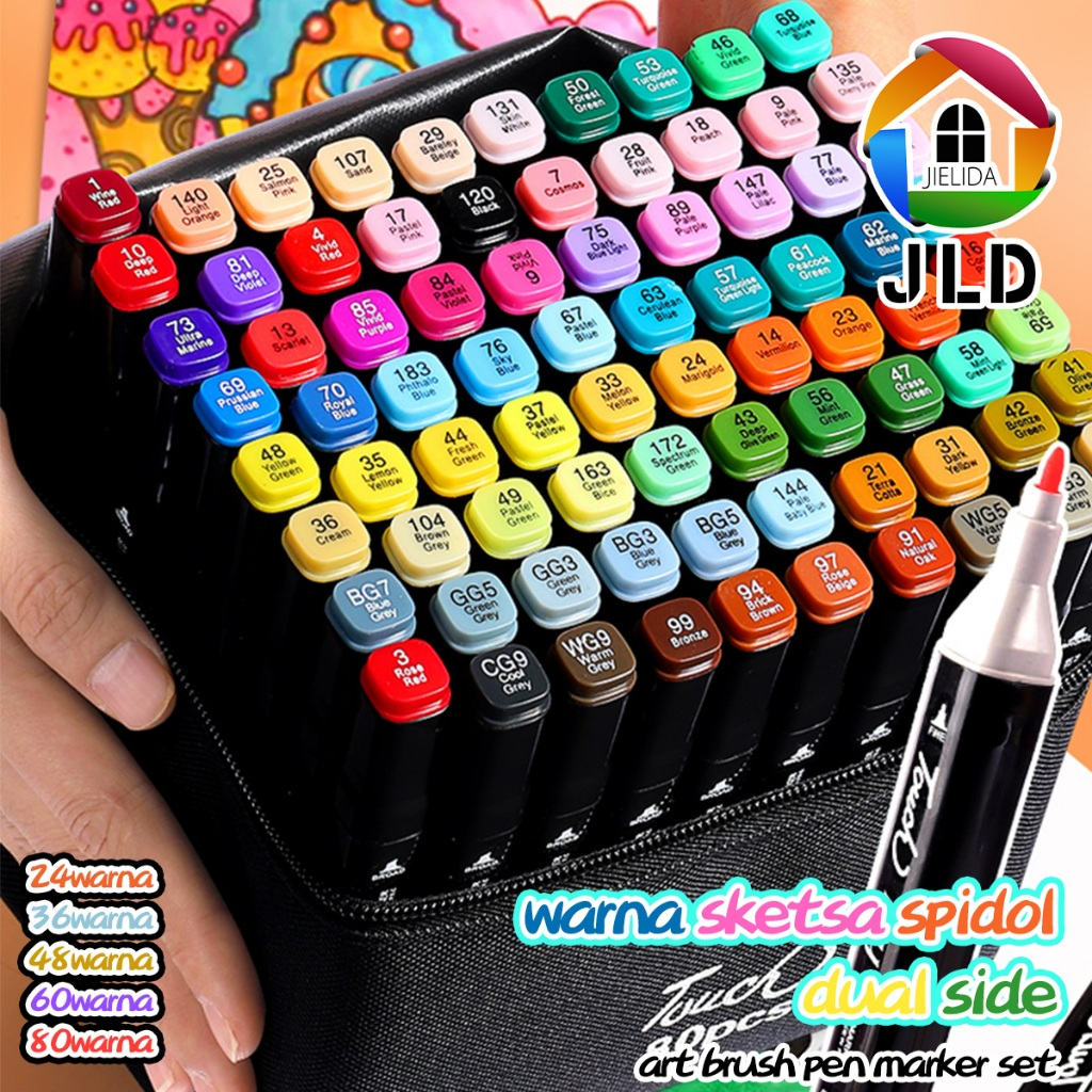 

JieLiDa Spidol Warna Stabilo Touch 24/36/48/60/80 Warna Dual Side Fine Art Brush Pen Sketsa Animation Markers Twin Market Set Spidol