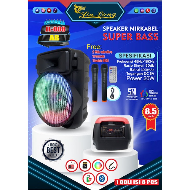 Speaker Koper JINLONG Bluetooth 8 Inch JL-008AB + 2 Mic Wireless