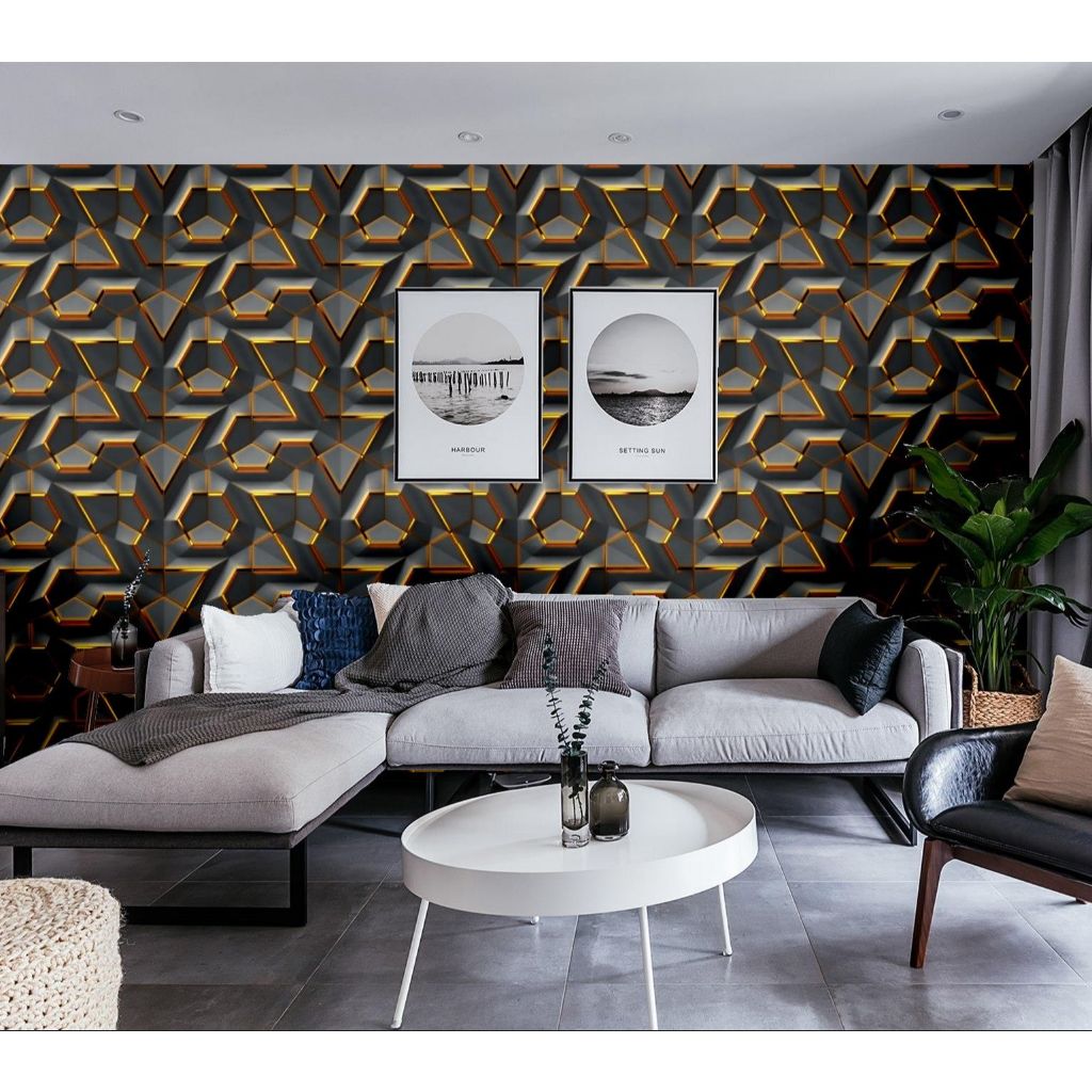 WALLPAPER DINDING GEOMETRI 3D ABU TUA LIST GOLD