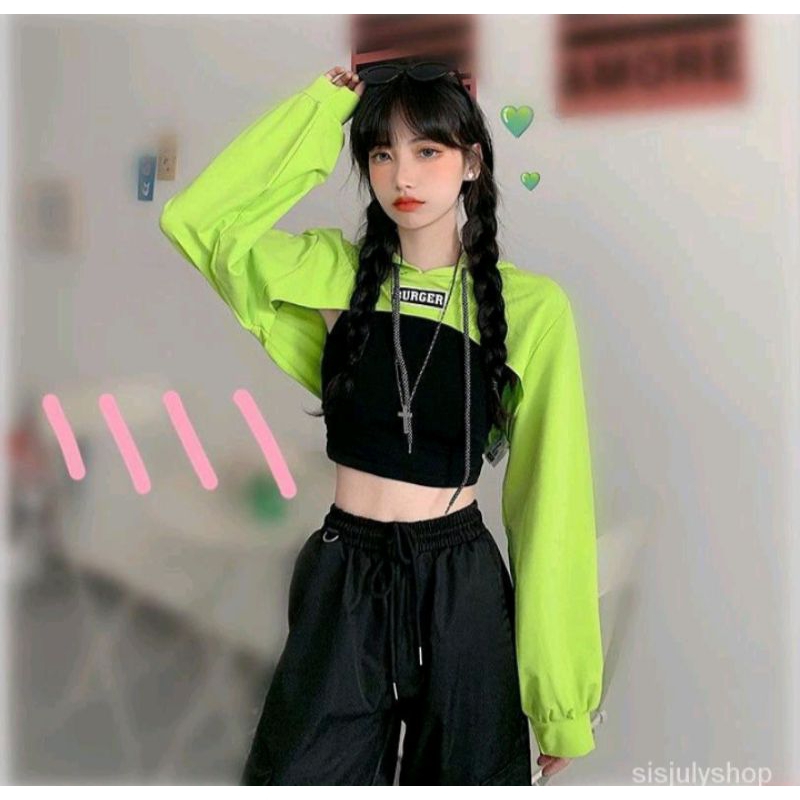 SUPER CROPED HOODIE (DADA TERBUKA) BIG SIZE S M L XL 2XL 3XL 4XL 5XL 6XL HOODIE CROP TOP WARNA HIJAU