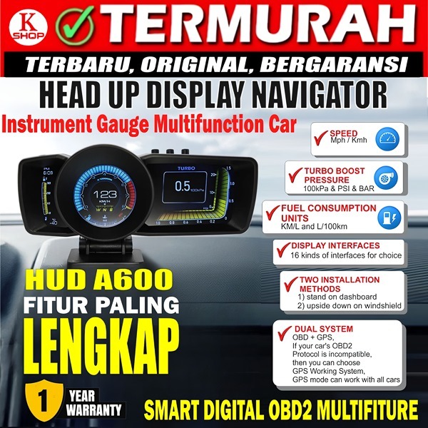 Pengukur Otomatis A600 HUD GPS + Sistem OBD, Speedometer Komputer