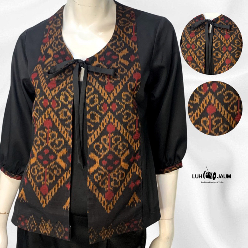 Atasan Batik wanita motif Endek Bali Kombinasi tali Premium warna Hitam/ Batik wanita dari kain bali