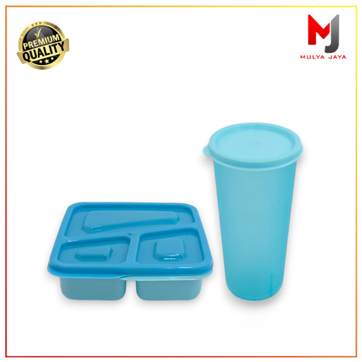 Mulya Jaya Set Kotak Makan Plastik Sekat Dan Gelas Minum Plastik Tutup Lemony