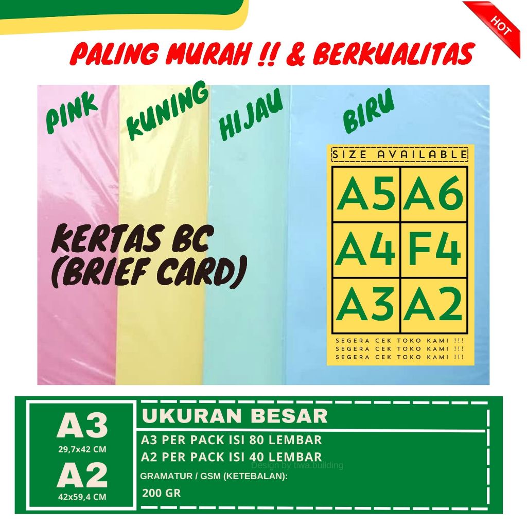

KERTAS BC/KERTAS BRIEF CARD/KERTAS MANILA/KERTAS TIK/KERTAS UNDANGAN ANEKA WARNA A3 & A2 PERPACK ISI 40&80 LEMBAR