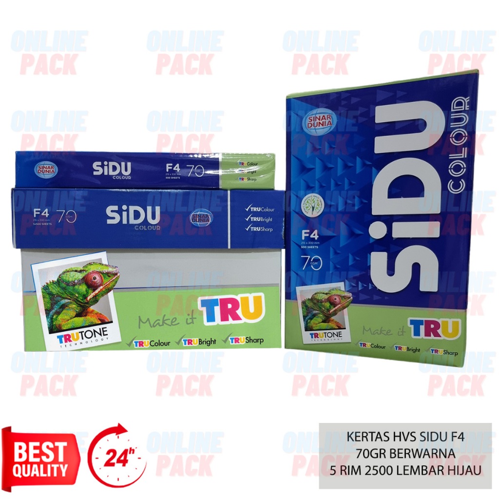 

KERTAS HVS SIDU F4 FOLIO 70GR BERWARNA HIJAU 70 GSM GRAM 1 KARTON BOX 5 RIM 2500 LEMBAR GREEN LAGOON COLOUR TRU CERAH TAJAM COPY LASER FAX INKJET