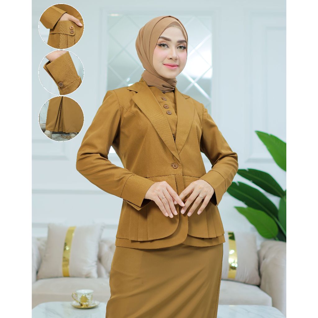 Seragam Kerja Pemda Krah Rompi Rempel Khaki Tua Set Rok Span/Rok.A/Celana Panjang Free Hijab