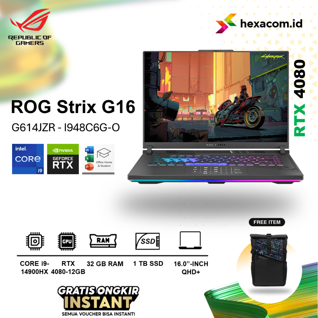 Laptop Asus ROG Strix G16 G614JZR Core i9 14900HX RTX 4080 64Gb Ssd 2Tb Windows 11 16.0 Qhd 240Hz