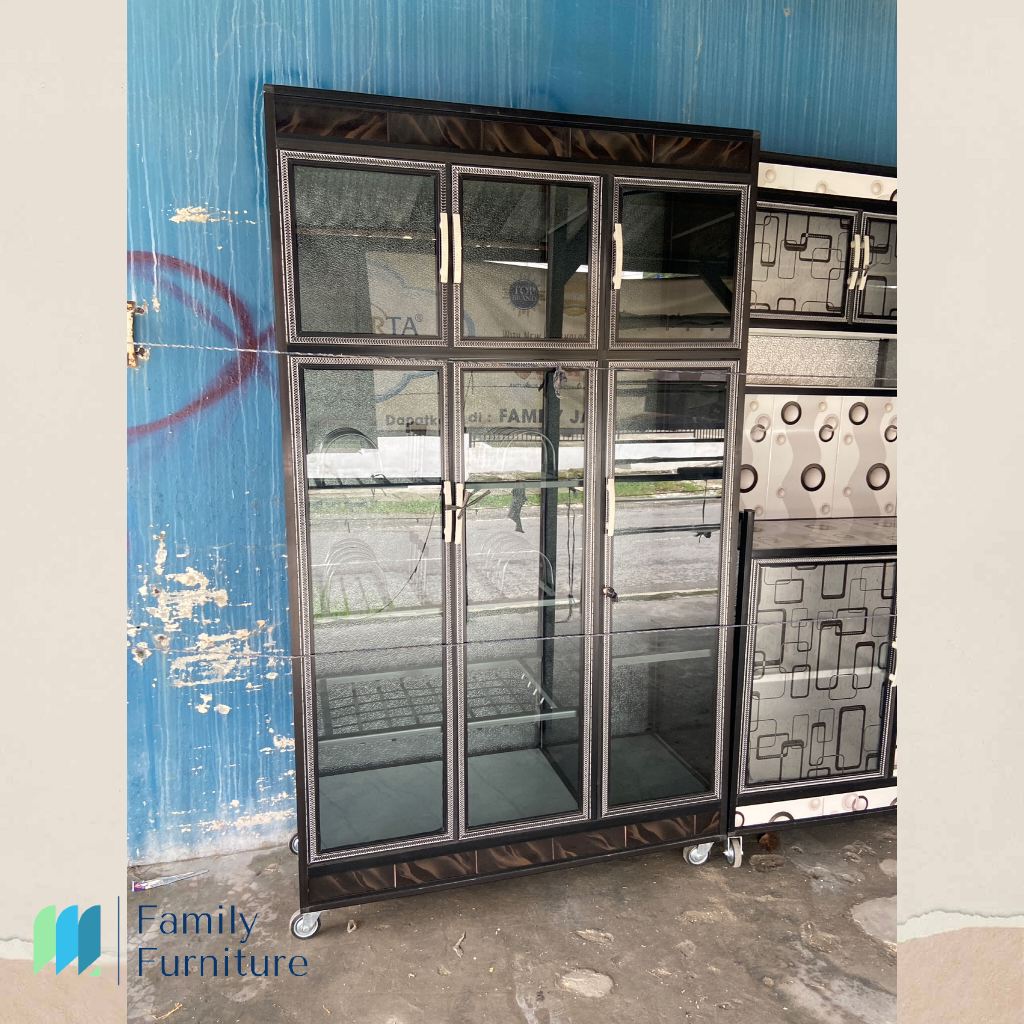 Lemari Rak Piring Aluminium Tempahan 3 Pintu Kaca Hitam Minimalis