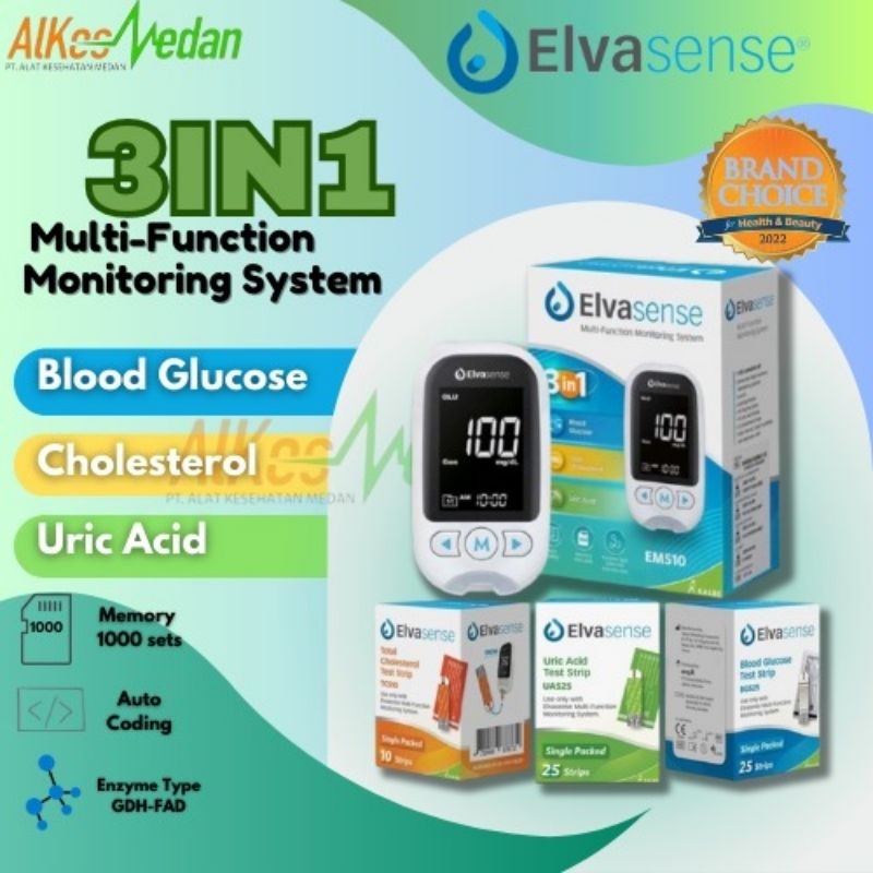 ALAT CEK 3IN1 GULA DARAH KOLESTROL ASAM URAT EMS10 ELVASENSE by KALBE ALKES MEDAN ALAT KESEHATAN MED