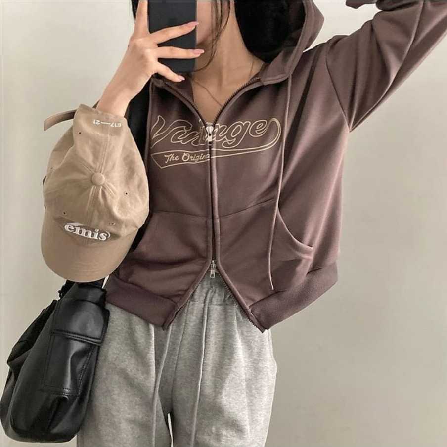 	 Croope Jaket Vintage Hoodie Zipper Sweater wanita Korean Style Fleece	