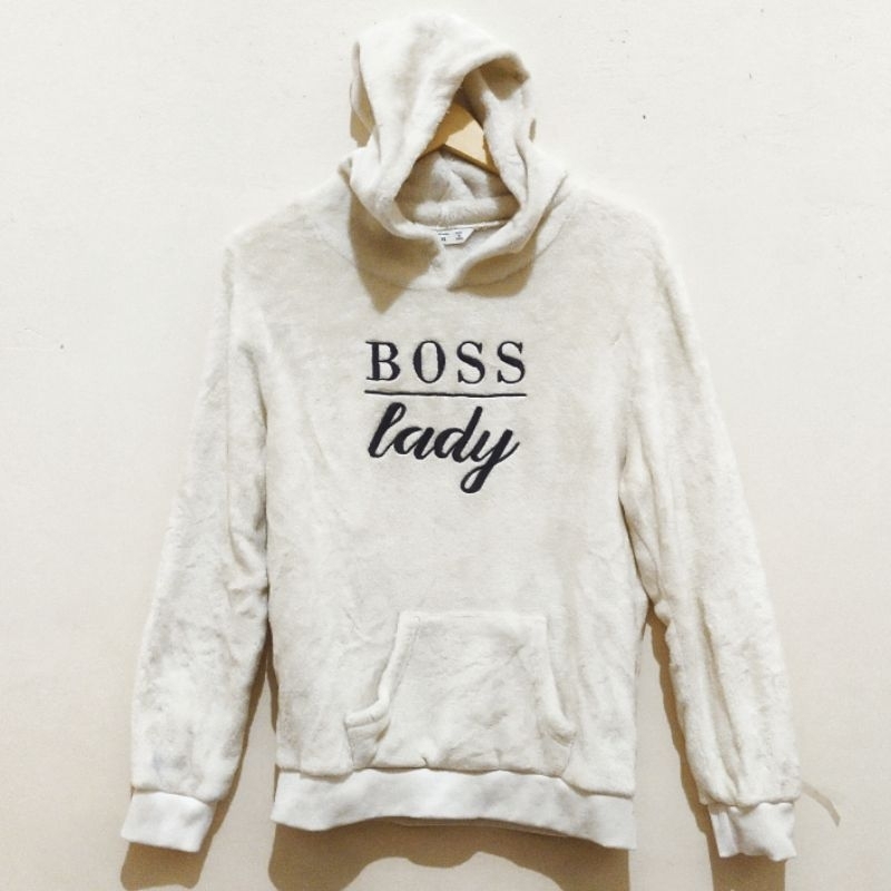 Sweater Hoodie Bulu Sherpa Fuzzy warna Broken White / Putih Tulang