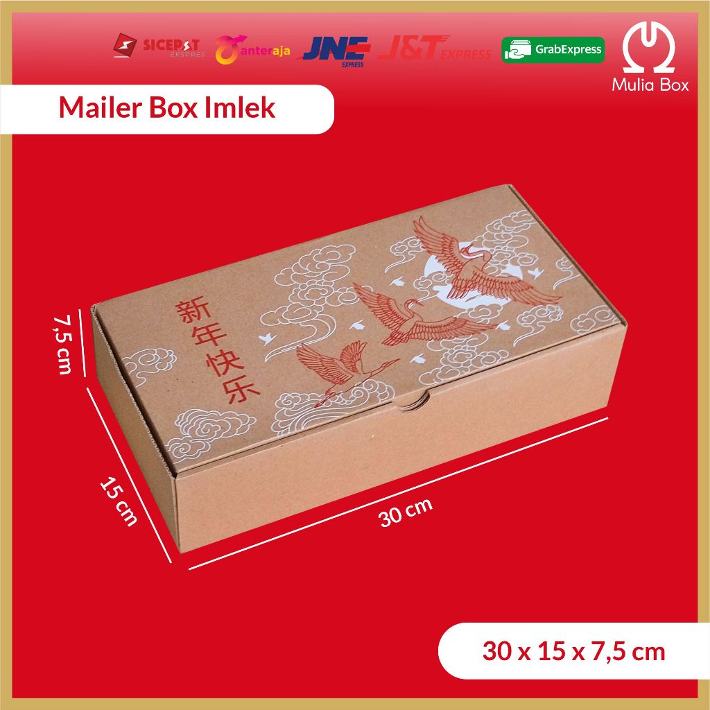 

Dus Imlek Tahun Baru China Mailer Box 30 x 15 x 7,5 cm Bangau Corrugated Box Packaging Die Cut Hampers Shincia