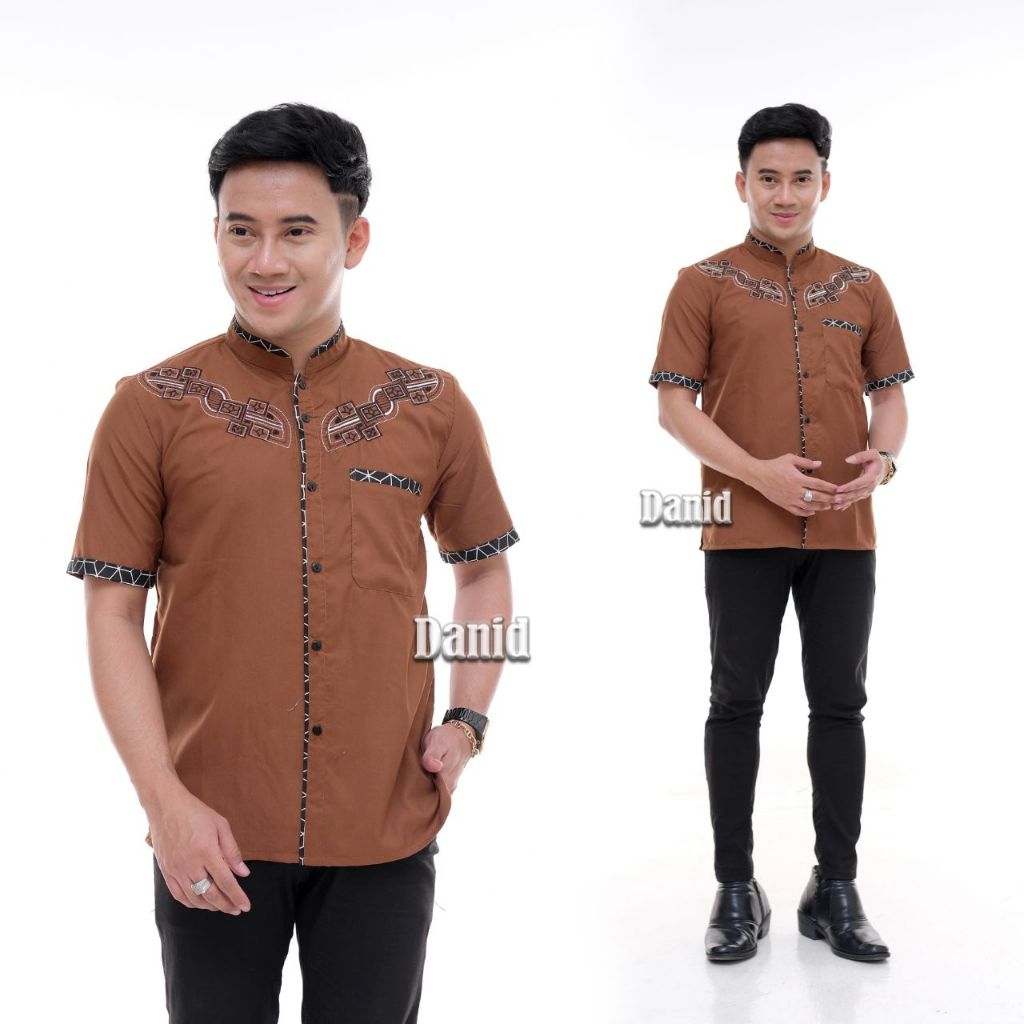 Baju Koko Pria Dewasa Lengan Pendek Bordir Mewah Seragam Hadroh Fashion Muslim Modern 2024
