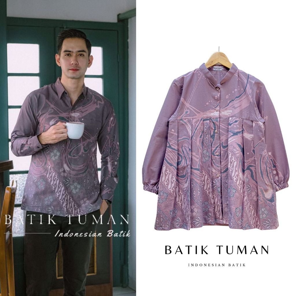 ADIPATI SHANNUM MAUVE Couple Batik Kemeja Pria & Blouse Wanita Warna Soft Purple Taro Lavender Dusty