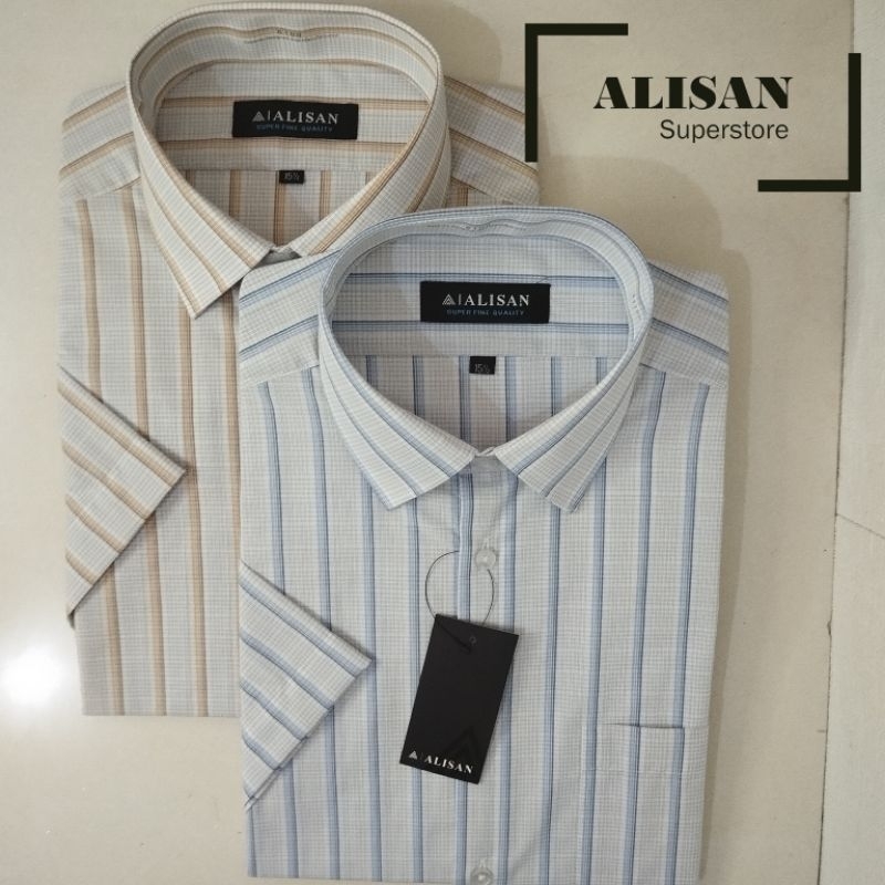 New Arrival Alisan Kemeja Pria Putih Motif Salur Biru/Coklat Lengan Pendek Reguler