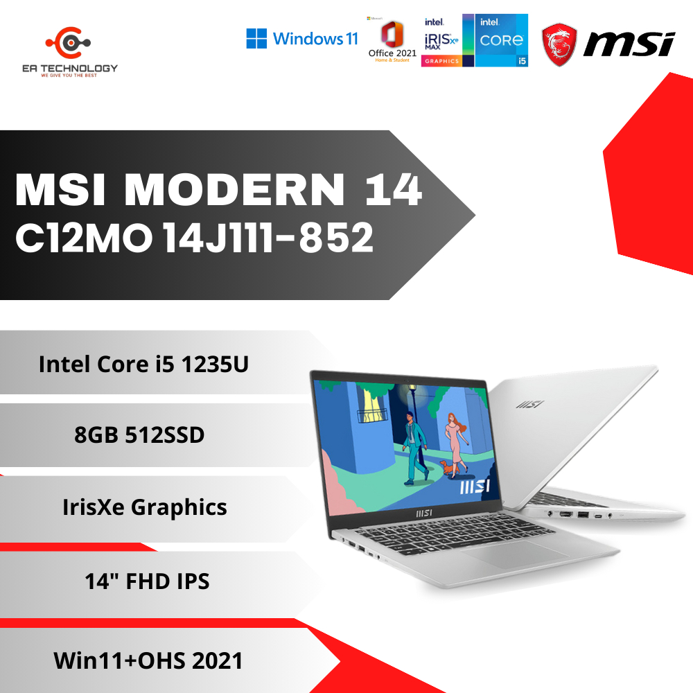 MSI Modern 14 C12MO 14J111-852 i5-1235U 8GB 512SSD IrisXe FHD W11 OHS