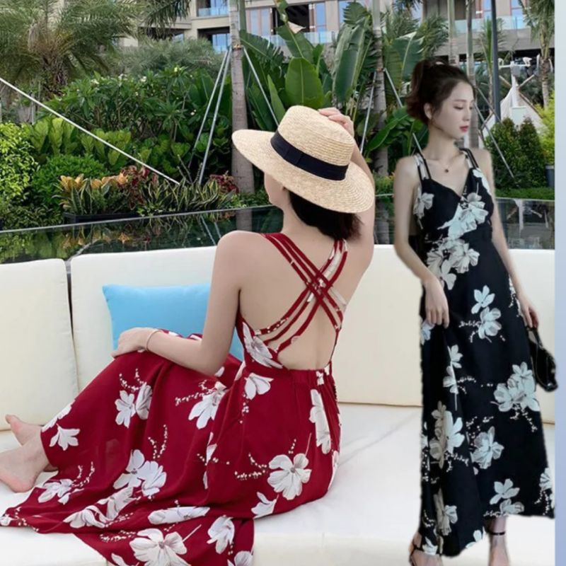 long dress pantai motif bunga import model fashion korea backless sexy premium jumbo big size - dres