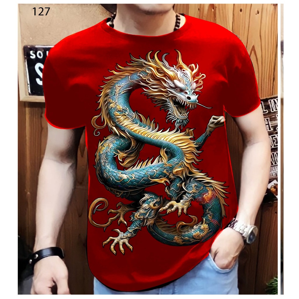 Kaos Distro Pria Merah Terbaru Motif Naga Raijin