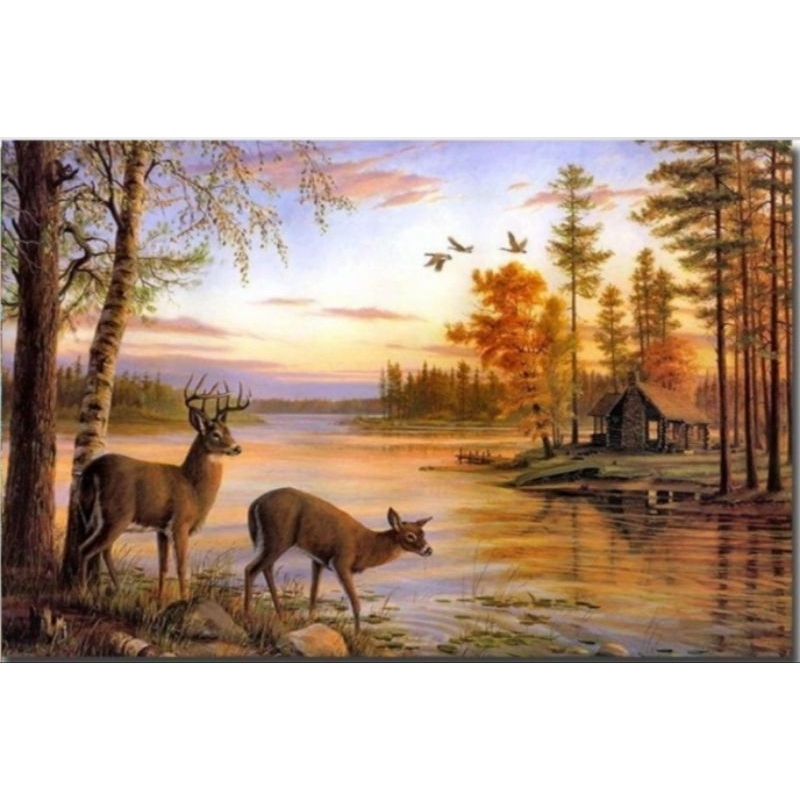 lukisan pemandangan sepansang rusa lukisan modern minimalis dinding besar