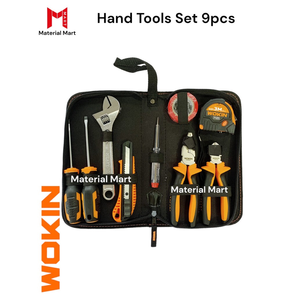Hand Tools Set Wokin 9 Pcs | Alat Perkakas Set Obeng Tang Meteran Cutter | Material Mart