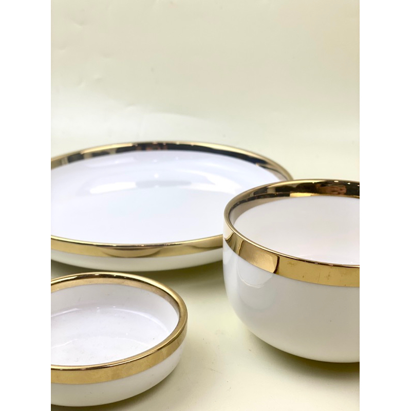 ASHOME Piring Set 1 Orang Piring Makan Set Putih Gold Isi 3 Pcs / Piring Set Keramik List Emas / Pir