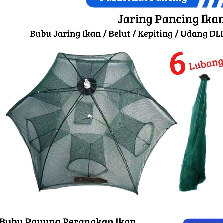 STOK SIAP COD Jaring Bubu 6 Lubang Portabel Lipat Bubu Payung Jaring Jaring Ikan Casting Lobster Pen