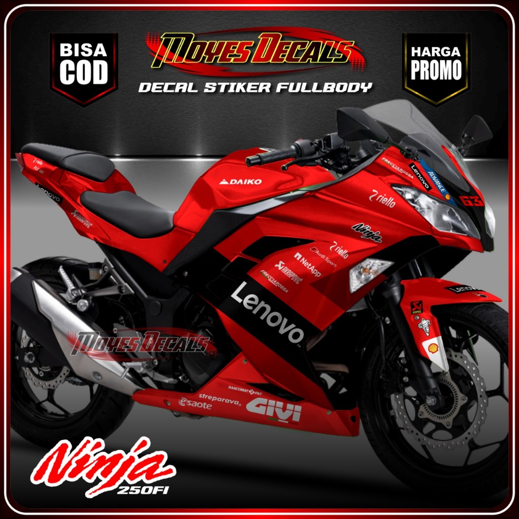 (COD) Decal Variasi Ninja 250 fi fullbody Stiker Striping Variasi Warna Merah Motip Lenovo 2024