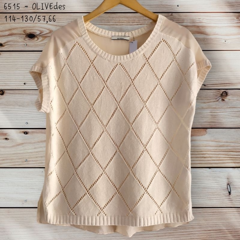 6515 OLIVEDES BAJU IMPORT MURAH ATASAN BLOUSE LENGAN PENDEK RAJUT BIG SIZE CREAM COMBI SIFON