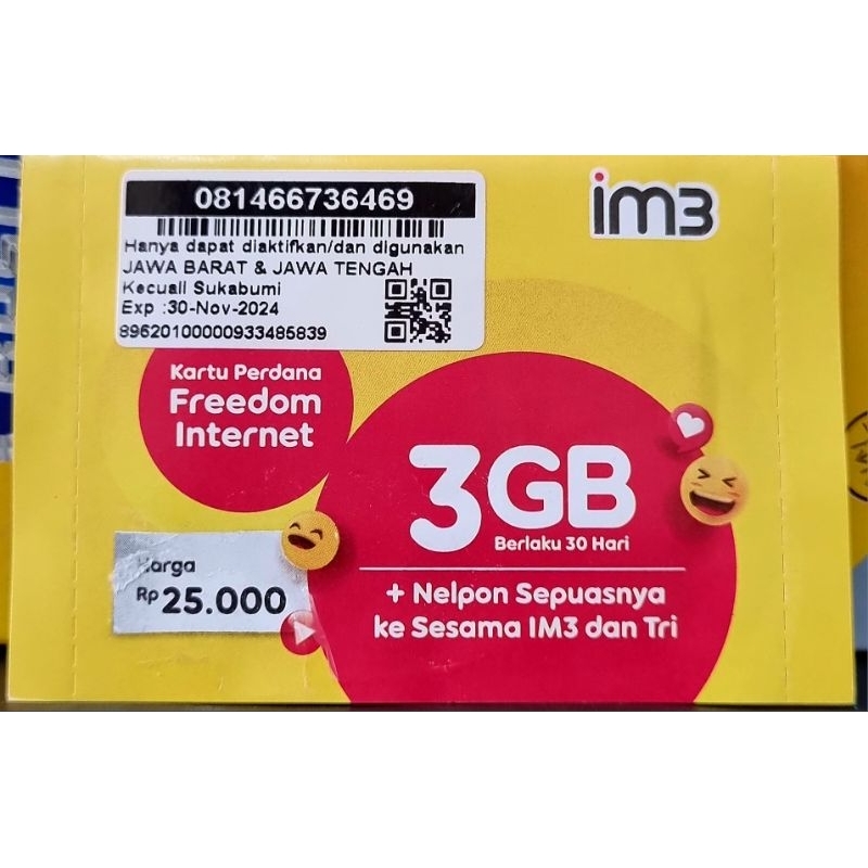 PERDANA INDOSAT FREEDOM 3GB ORI JATENG JABAR EXP 30 NOV 2024