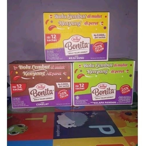 

BOLU ROMA BONITA BOLU TELUR RASA PANDAN, KEJU SUSU, COKLAT 1 BOX ISI 12 PCS