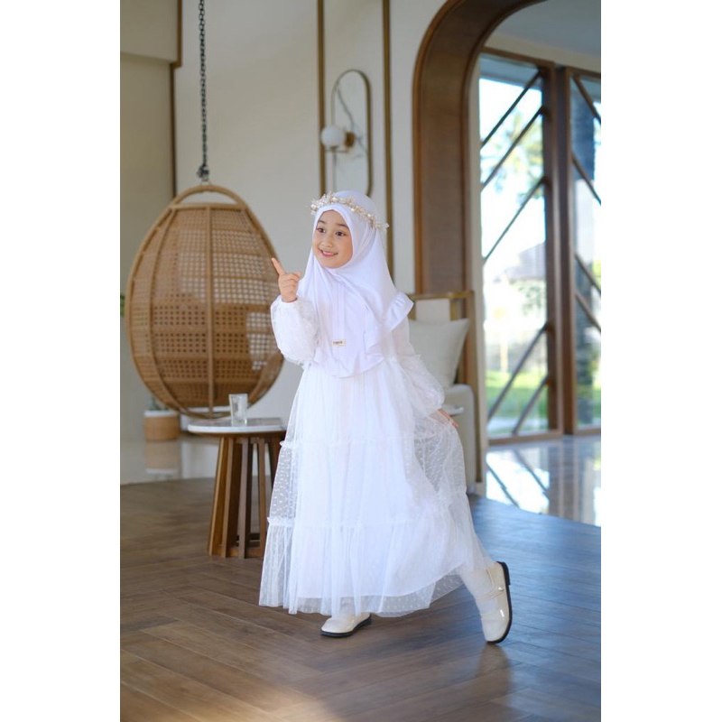 Gamis Elsa Set Kerudung Warna Putih Gamis Anak Elsa Bahan Rayon Twill Tile Dot Neeca Size 2 4 6 8 10 Tahun Murah
