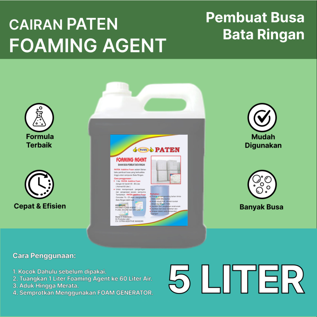 Cairan Foaming Agent | Pembuat Busa Bata Ringan | Kemasan 5 Liter | Cairan PATEN Foaming Agent
