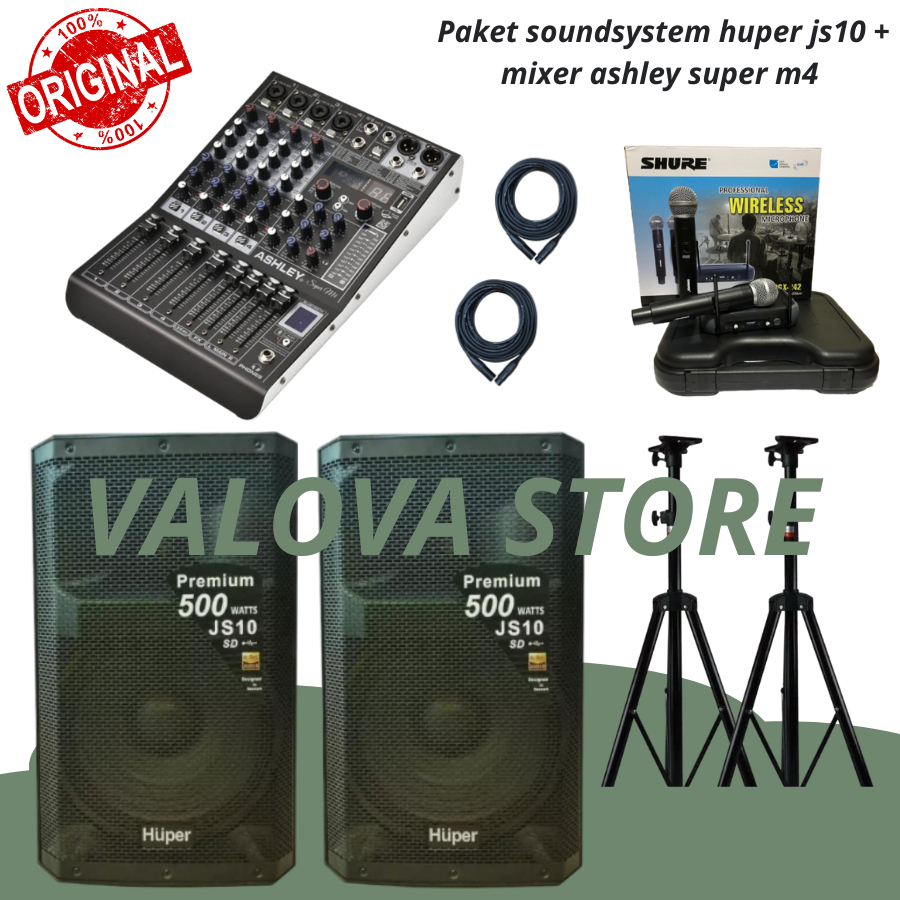Paket 6 soundsystem huper js10 + mixer ashley super m4 original huper