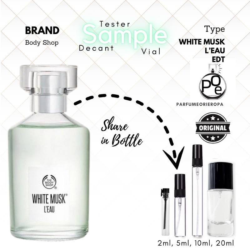 Parfum unisex Pria Wanita bodysop white musk l'eau original sample tester decant vial mini travel si
