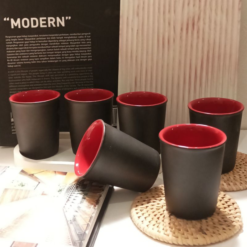 Gelas Ocha Tea set keramik tebal hitam merah mini size