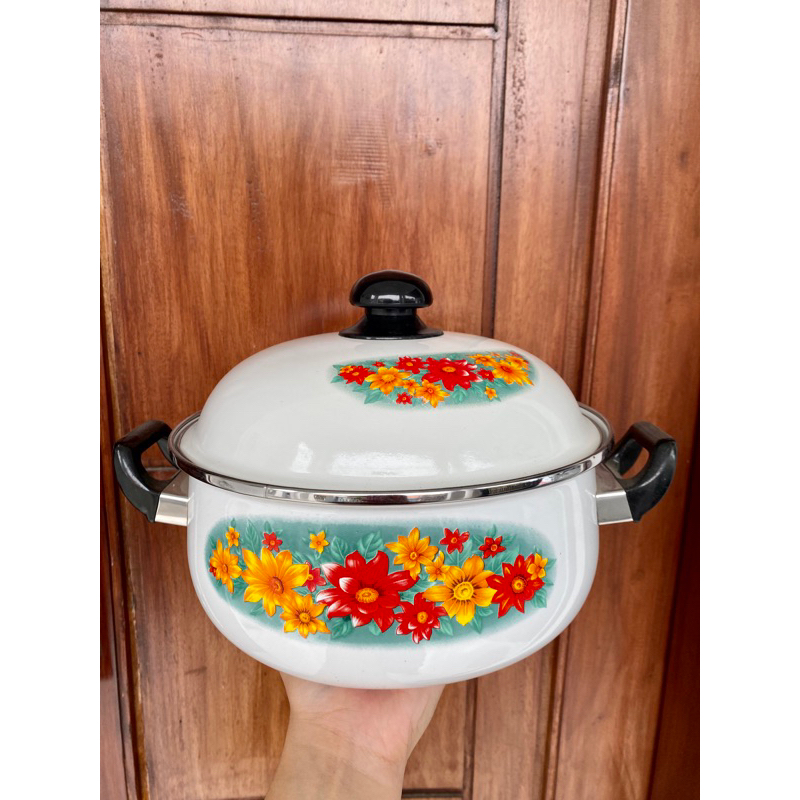 Panci enamel super tebal 24cm putih motif bunga