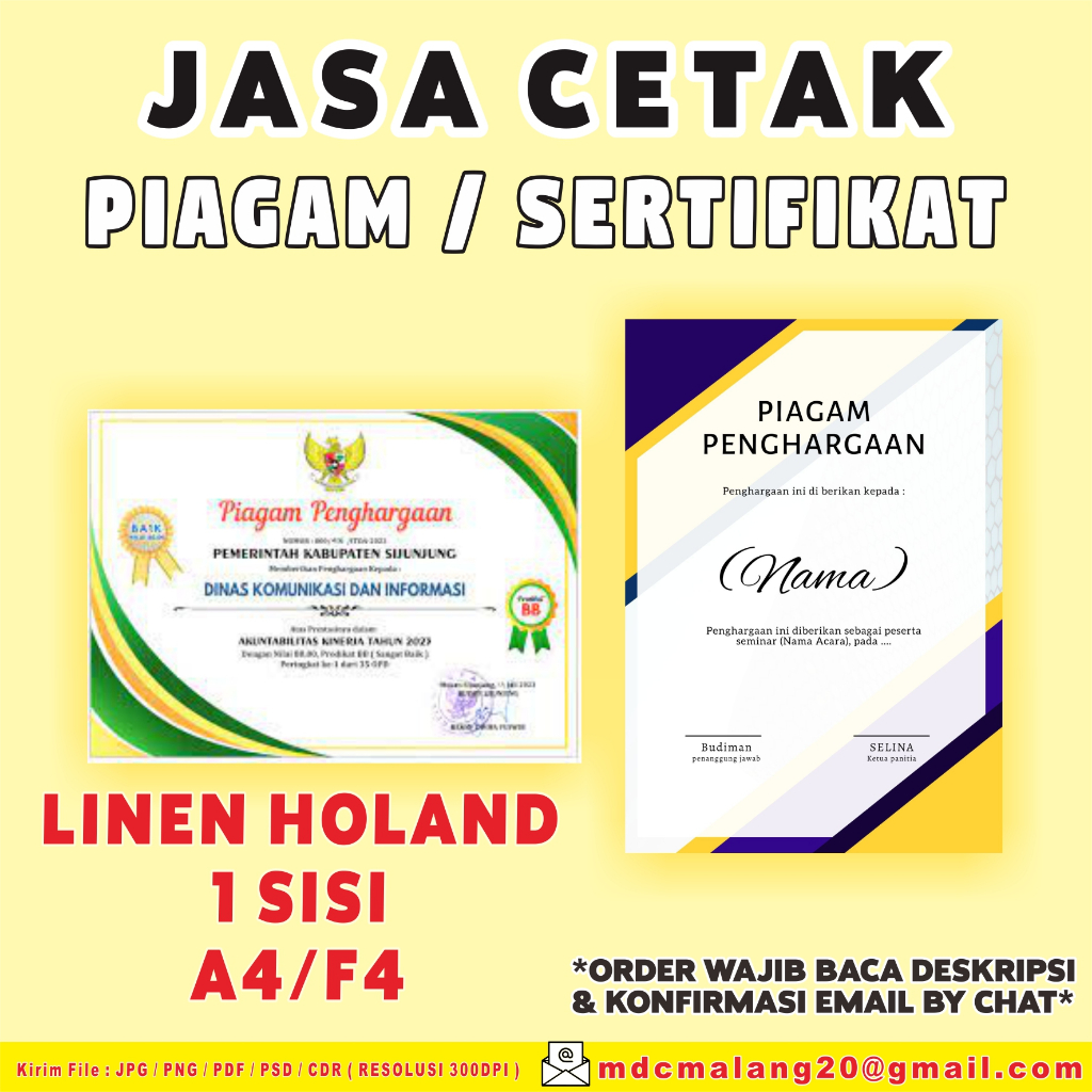 

CETAK PIAGAM DAN SERTIFIKAT A4 / F4 1 SISI KERTAS LINEN HOLAND
