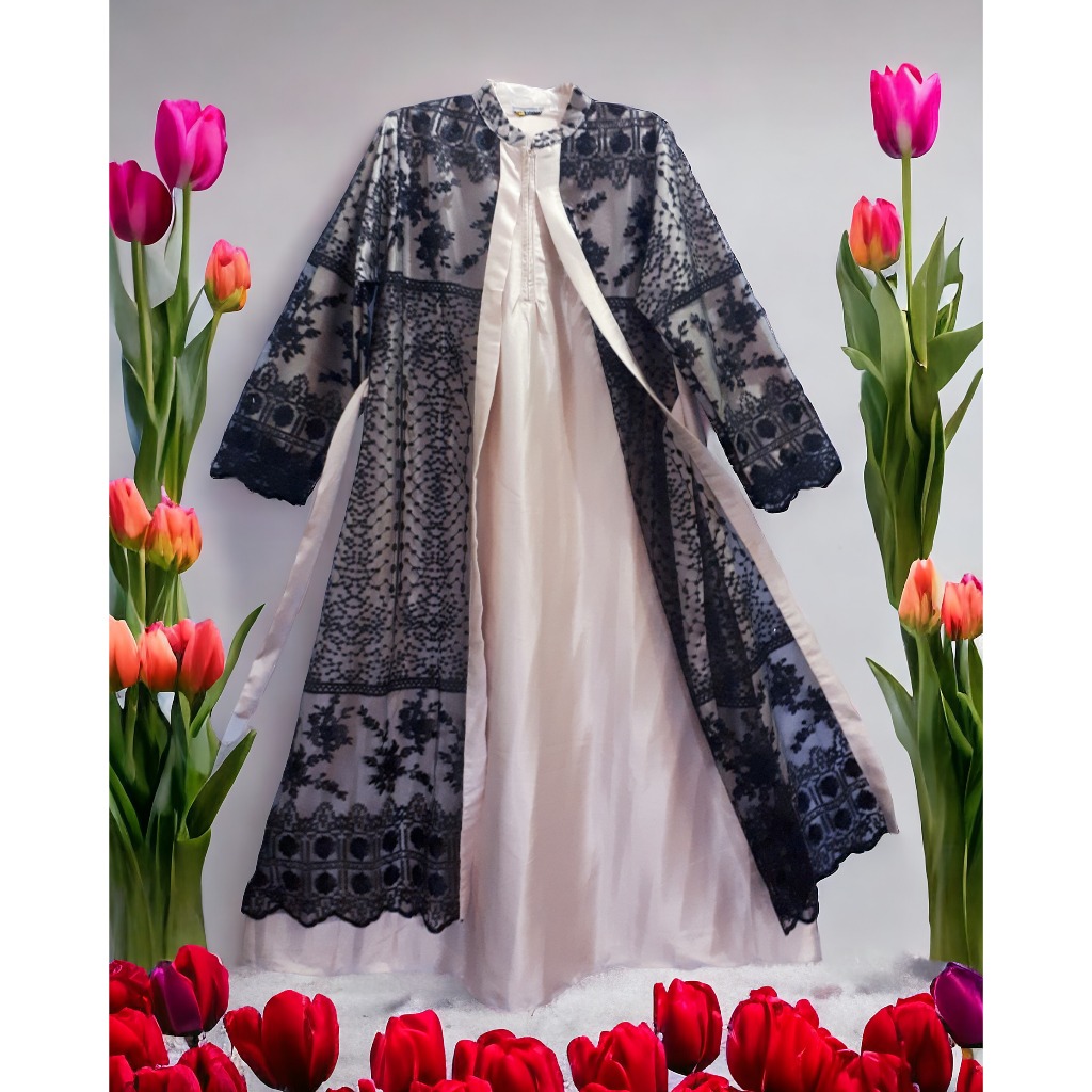 GAMIS/GAUN PESTA LEBARAN SATIN BROKAT CREAM HITAM LD 112 PB 135 BARANG BARU PREMIUM
