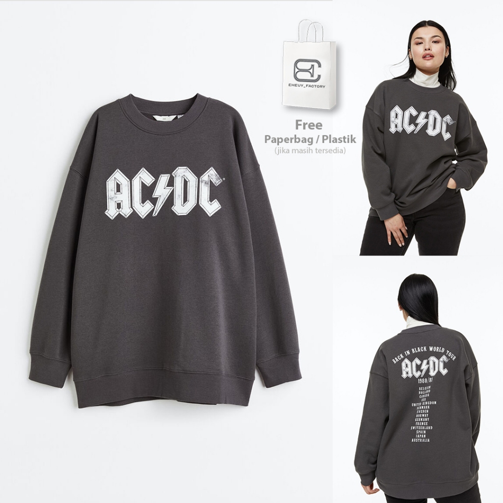 Crewneck ACDC TOUR Dark Grey Original BlackWash Hitam Buluk Sweater Washed Wanita Flecee Katun