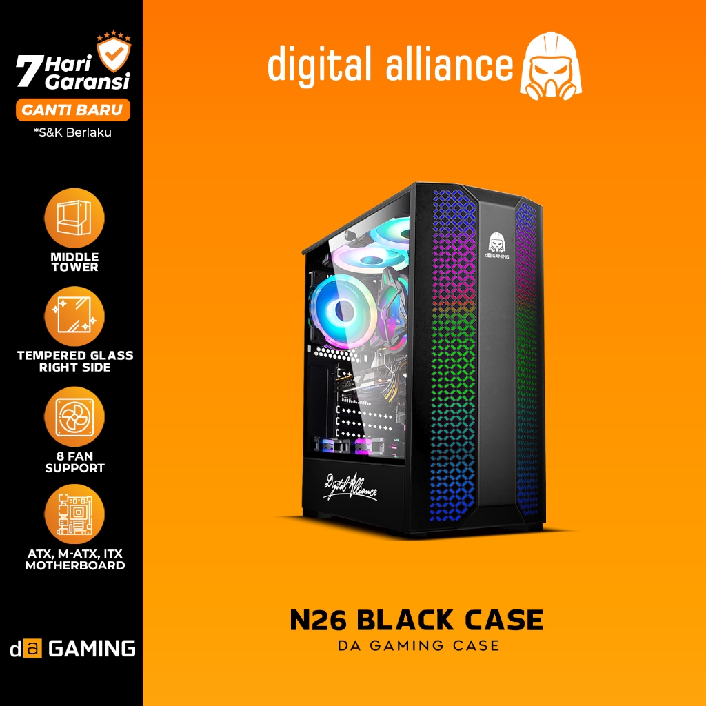 Casing PC Digital Alliance N26 ATX Black Case Komputer Gaming Kaca Tempered Glass