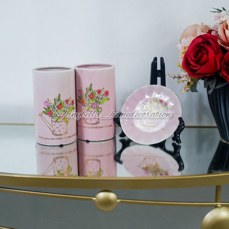 Pajangan Meja Keramik Guci Vas Piring Keramik pink Motif bunga Dekorasi Rumah Satu set