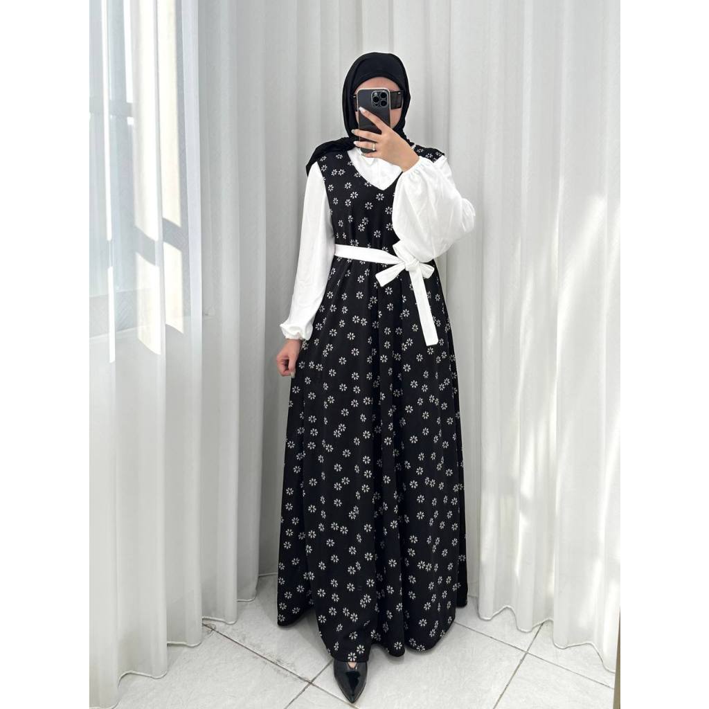 Ayana Overall Dress Hitam | 1 Set Kemeja + Overall dress