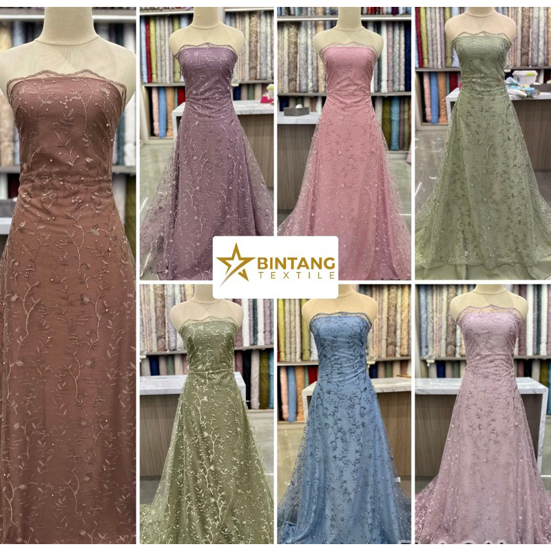 Bahan kain brokat brukat tule tile Bordir Mutiara Glitter Akar daun / Kain kebaya