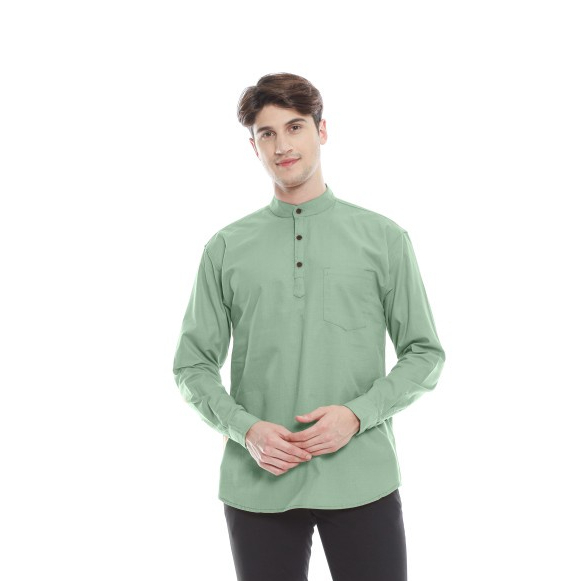 Baju Koko Sage Green Lengan Panjang Pria Kemeja Muslim Hijau Sage Premium Quality