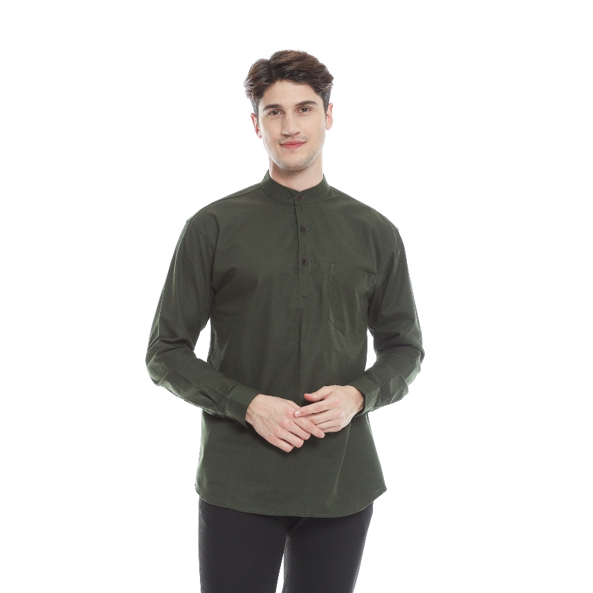 Baju Koko Hijau Army Lengan Panjang Pria Kemeja Muslim Ijo Army Premium Quality