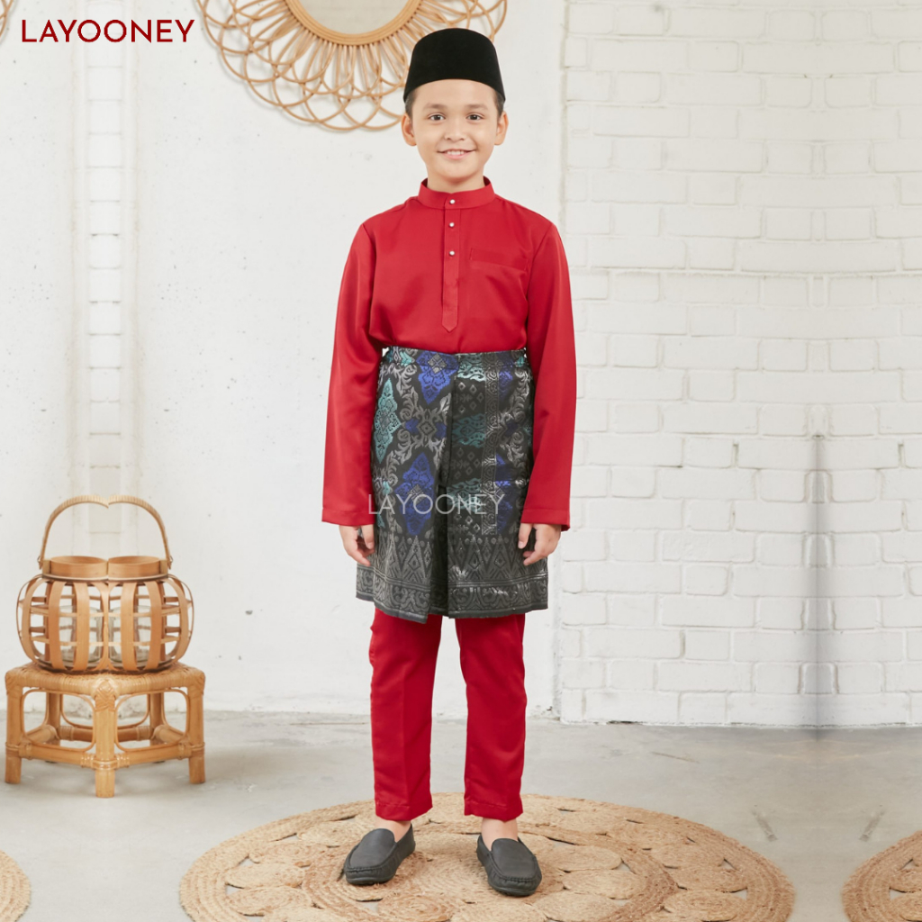 Setelan Baju Kurung Melayu Anak Laki Laki Katun Toyobo Merah Cabe Set Pakaian Koko Teluk Belanga