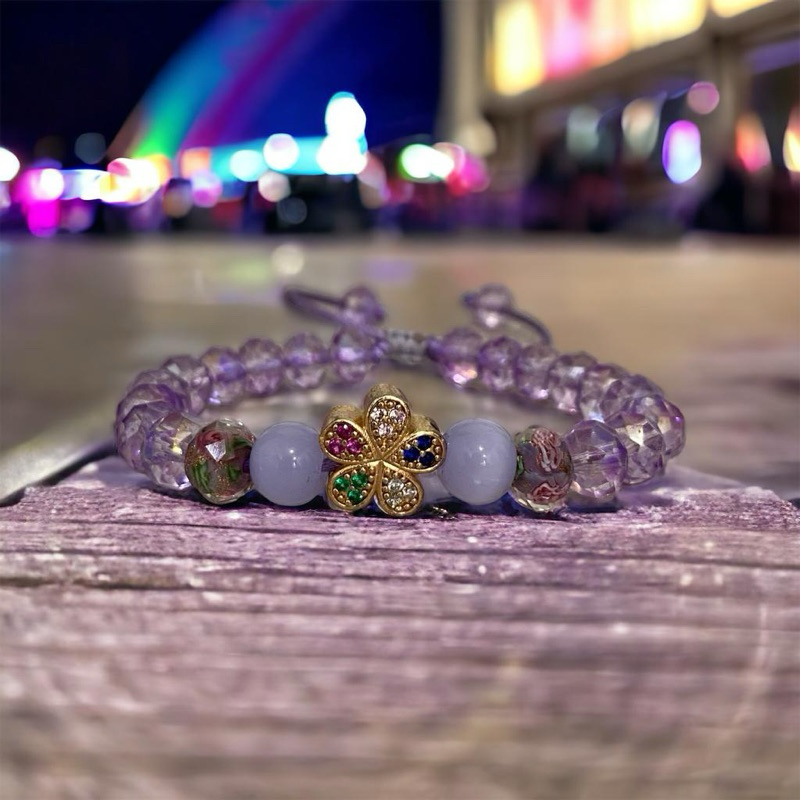 Gelang batu kristal ungu bening + charm model